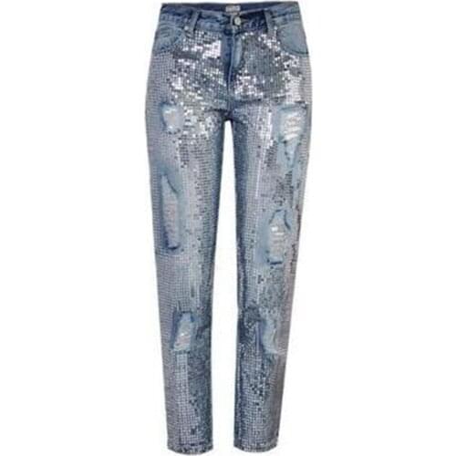 Fashion Wild Silver Sequins Washed Holes Denim Pants Mid Waist Casual Loose Straight Jeans Women Capris