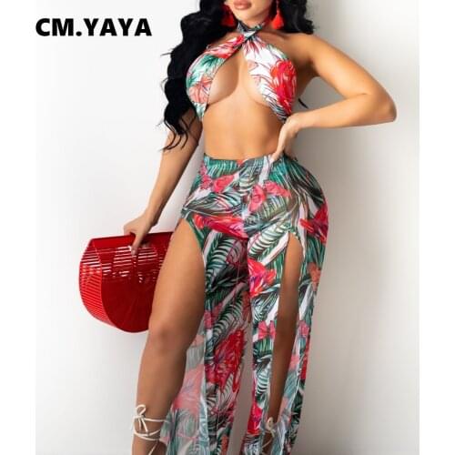 CM.YAYA Sexy Bikinis Set Women Mesh Halter Hollow Out Bodysuit Splited Long Loose Pants Two Piece Set Summer Beachwear Outfits