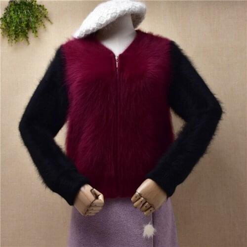 Female women fashion colored hairy plush mink cashmere knitted zipper slim short sweater cardigans angora fur jacket coat pull