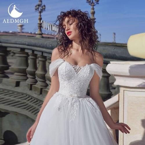 Aedmgh A-Line Beach Wedding Dresses 2021 Sweetheart Strapeless Court Train Vestido De Novia Applique Simple Tulle Robe De Marige