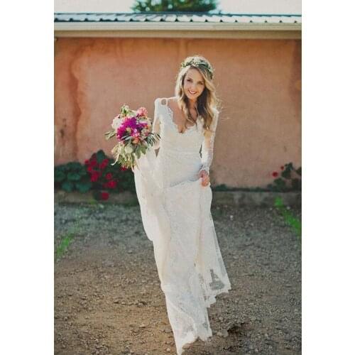 2019 Lace Boho Trumpet Wedding Dresses Illusion Long Sleeves Modest Backless Bohemian Mermaid Plus Size Country Reception Brida