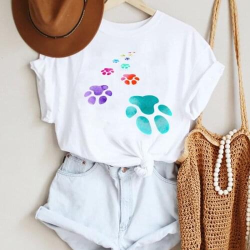 2021 Women Cute Fashion New Dog Paw Short Sleeve Style Cartoon Summer Lady Print Tee Stylish T Top Tshirts Clothes T-Shirt