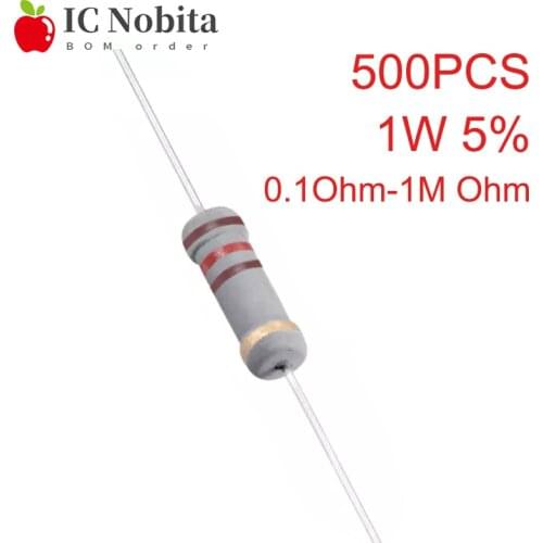 500PCS 1W 5% Carbon Film Resistors 0.1~1M 2R 22R 100R 220R 1K 1.5K 2.2K 4.7K 10K 22K 47K 100K 100 220 1K5 2K2 4K7 Ohm Resistance