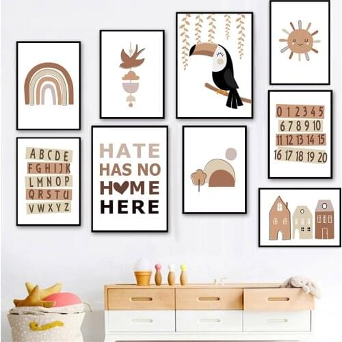 Abstract House Mountain Wall Art Painting Cartoon Toucan Sun Rainbow Canvas Posters Nursery Print Picture Nordic Baby Room Decor