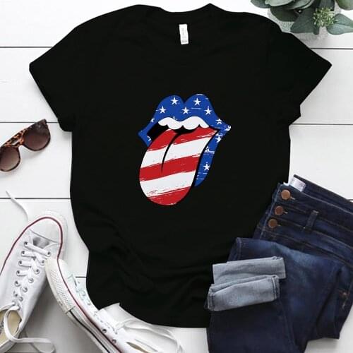 Seeyoushy American Flag Tongue Print Funny Women T-shirt Short Sleeve Summer Loose Top for Woman Clothes Graphic Tee Shirt Femme