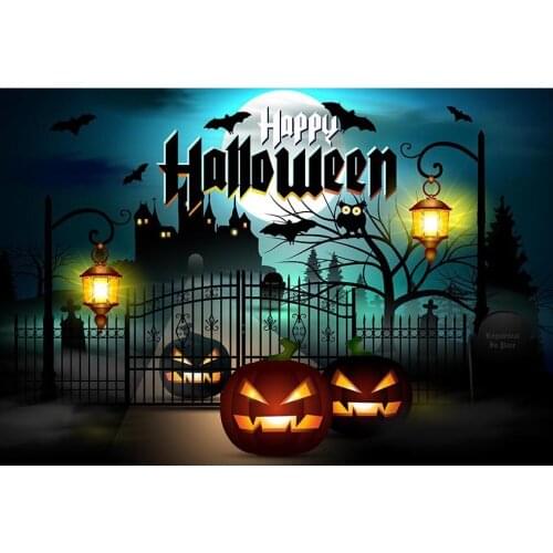 Halloween Theme Photography Background Pumpkin Black Palace Bat With Owl And Fence White Moonlight Backdrop For Classroom Decor