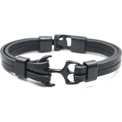 JUNWEI New Fashion Mens Leather Bracelet Gun Black Anchor Leather Men Bracelet Jewelry