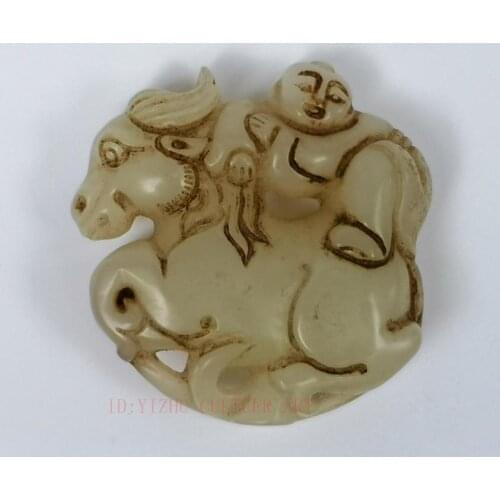 YIZHU CULTUER ART Collection China Jade Hand Carving Boy Ride ox Statue Pendant Netsuke Decoration