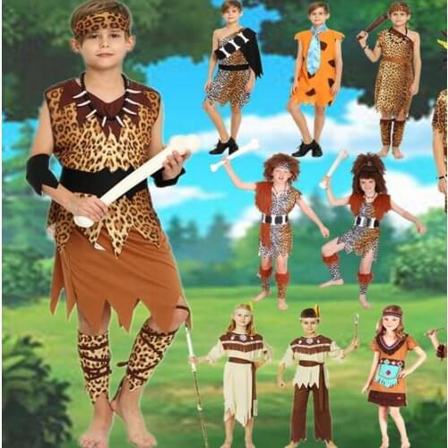 Hot Indians Hunter Tribal Primitive Savage Leopard Print Costume Adult Kids Halloween Cosplay Costume Primitive African Costume