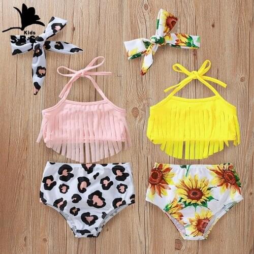 Girls Summer Beach Bikini Leopard Print Sunflower Print Sling Swimsuit Set Children Summer Clothes Kids Girls Beachwear