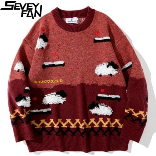 SEVEYFAN Mens Funny Cartoon Embroidery Sweater Color Contrast Loose Cotton Pullover Knitwear for Couples