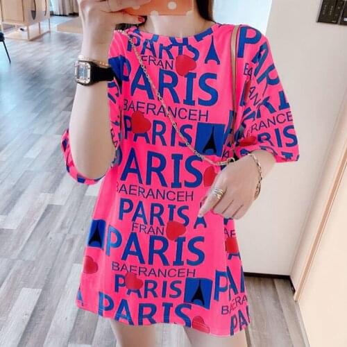 2021 summer new womens design sense niche tops Korean version of loose letter printing mid-length short-sleeved trendy t-shirt