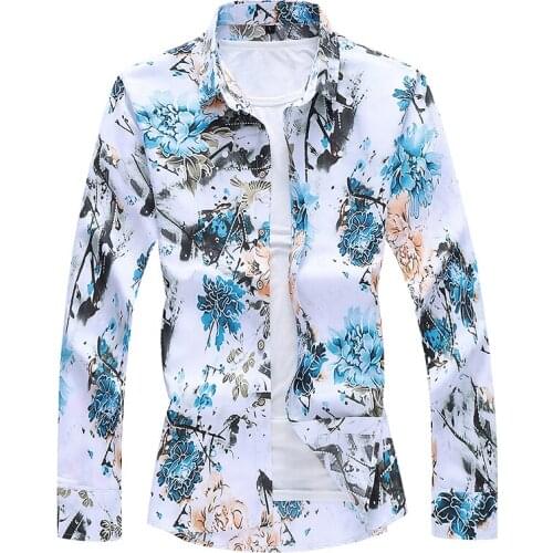 Autumn new Men Floral Printed Holiday Party casual shirt Long Sleeve Slim fit male Dress Slim Shirts Chemise Homme Plus Size 7XL