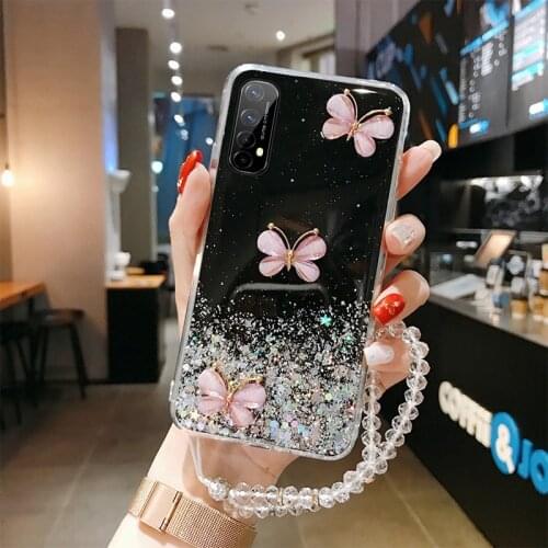 Luxury Cute Bling Glitter Lanyard Silicone Phone Case For Realme 7 6 5 i X7 Pro X2 XT X 3 X50 C15 C11 Ultra-thin Strap Cover