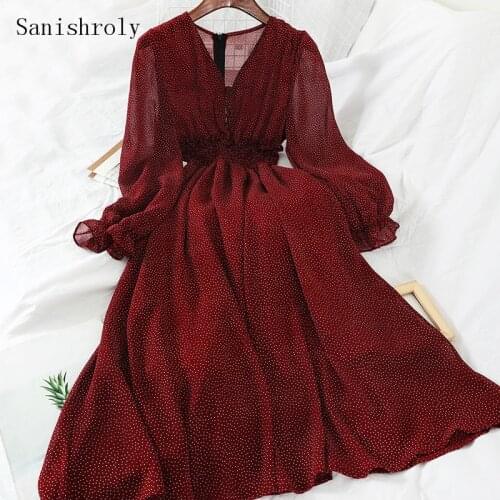 Sanishroly 2021 Button Puff Sleeve High Waist Elegant Womens Dress Autumn V-Neck Polka Dot Chiffon Dress Ladies Long Dress C130