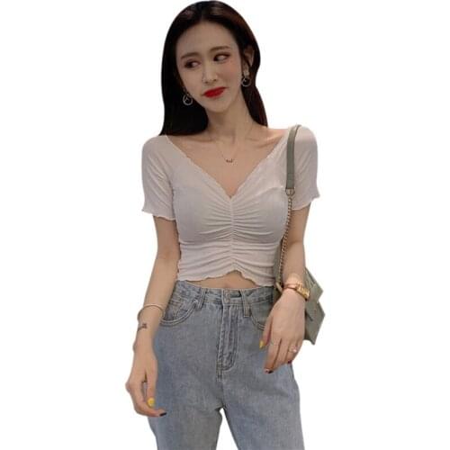 Sexy Women Ruched V Neck Short Sleeve T Shirt Summer Solid Color Knitted Sexy Slim Tops