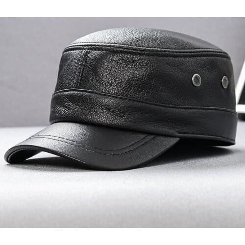H3509 Men Genuine Leather Military Hat Fall Winter Male Outdoor Warm Flat Top Sheepskin Cap Sunscreen High Quality Fashion Hats