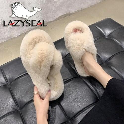 LazySeal Warm Faux Fur Slippers Women Shoes Winter Ladies Flip Flops Flat Heel Casual Plush Shoes Womens Furry Indoor Slides