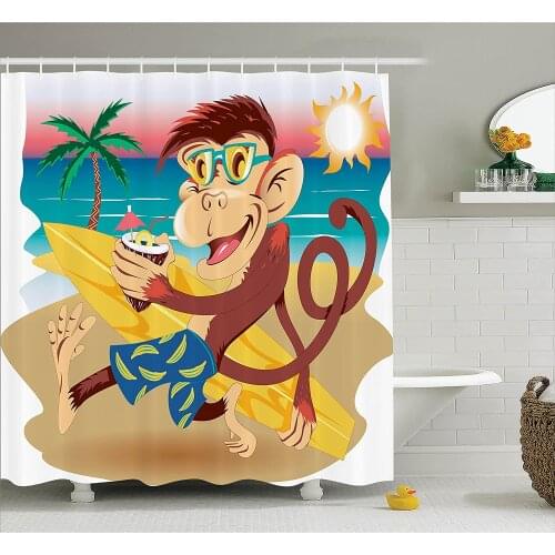 Animal Shower Curtain Hipster Monkey with His Surfboard and Glasses Drinking On Sandy Beach in Sunny Day Kids Theme Bath Curtain