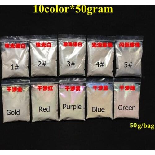 Mixed 10 Colors*50g nail glitter Pearlescent Pigment White Pearl Powder Pigment Paint Toner 500g/bag, Pigment Mica Powder