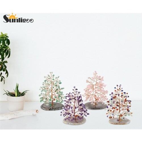 Sunligoo 7 Chakra Crystal Beads Tumbled Stones Tree of Life with Agate Base Stand Money Tree Feng Shui Ornament 5.12-6.29"inches