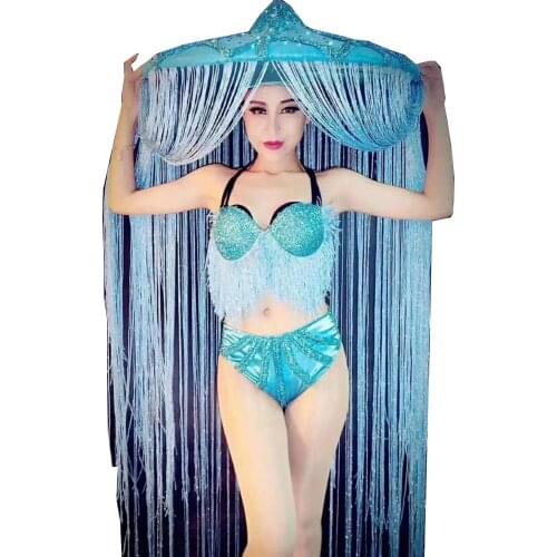 Sparkling Sequins Rhinestones Bikini Sets Long Tassel Hat Party Sexy Suits Dance Wear Personality Performance Costume Ladies