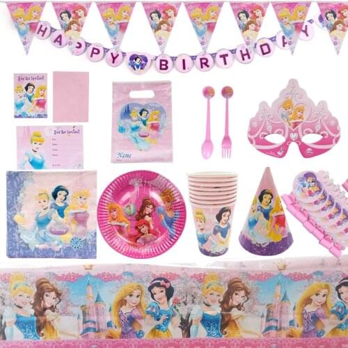 Disney Princess Theme Disposable Tableware Girl Birthday Party Decoration Paper Plates Cups Banner Kids Baby Shower Kids Love