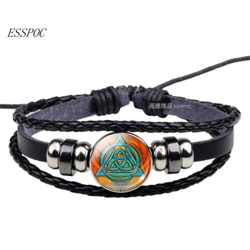 Triquetra Glass Cabochon Leather Bracelet Germanic Paganism Celtics Men Jewelry Multi Layer Braided Bracelet