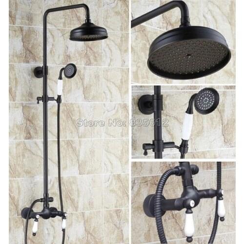 Bathroom Black Oil Rubbed Bronze Wall Mounted 8" Rain Shower Faucet Set with Ceramic Hand Spray + Dual Handles Mixer Taps Wrs478