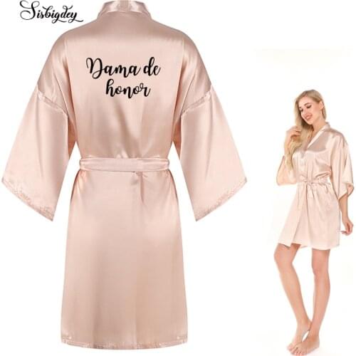 Gorgeous champagne gold robe novia satin kimono women dama de honor hermana de la novia Espanol spanish bride party madrina robe