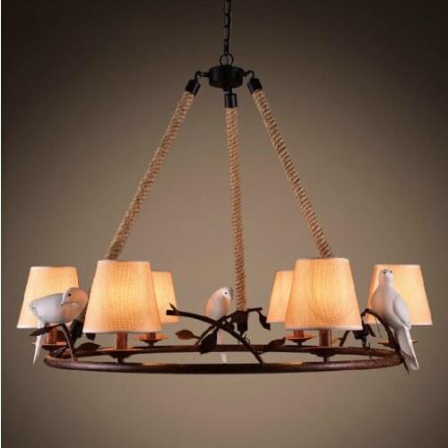 Retro loft birds rope iron pendant lights vintage lamp resin bird fabric lampshade for kitchen dining room hanging lighting