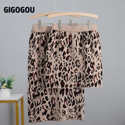 GIGOGOU Autumn Winter Leopard Long Knit Straight Skirt High Waist Women Knitted Skirts Elegant Female Midi Pencil Skirt Bodycon