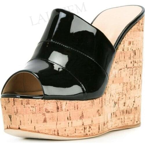 BERZIMER Shinny Patent Women Platform Wedges Summer Customize High Heels Open Toe Ladies Shoes Woman Large Size 39 44 48 52