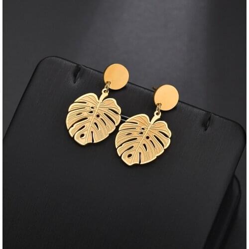 Hot Sale Leaf Circle Stainless Steel Earrings For Women Girls Golden Fashion Earrings For Birthday Wedding Party Jewelry Gifts