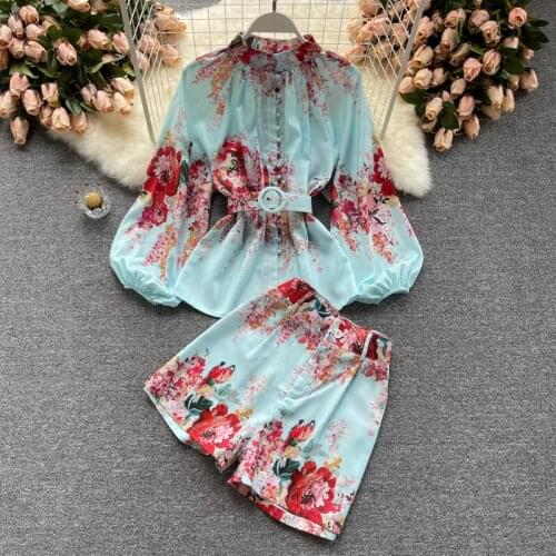 Ensemble Femme 2 piece Autumn Womens Chiffon Shirt+Printed Wide-leg pants Sets Fashionable Two-piece suit Spring