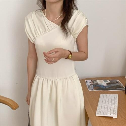 2021 New Women Summer Vintage Beige Long Dress V Neck Inclined Shoulder Low Waist Maxi Sundress French Style