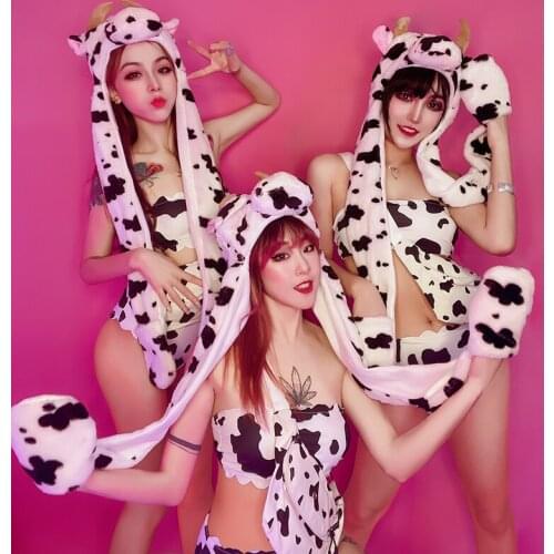 Sexy Stage Bar Ds Performance Cow Bikini Sets Party Girl Sexy Outfits For Womne Gogo Lead Dance Costume Pole Dance Clothing