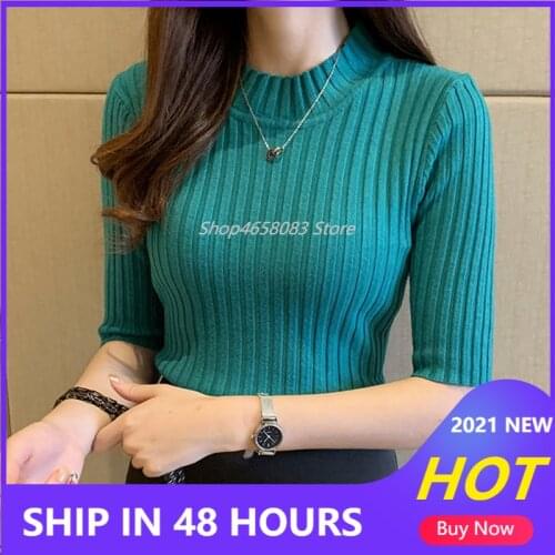 2021 Korea Knitted Half Sleeve Knitted Sweater Women New Spring Slim Basic Solid Casual Base Female Knitting Shirts