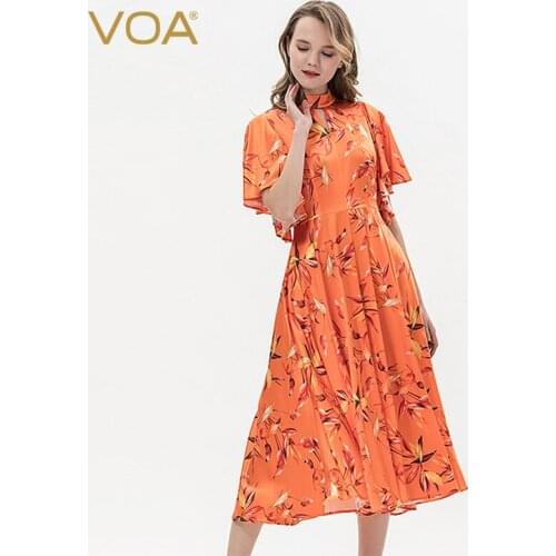 VOA Silk Elastic Satin Half High Collar Short Sleeve Romantic Print Panel Waist Closing X-Shape Slim Dress Female A10236
