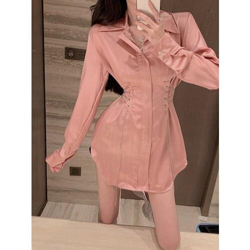 Long Sleeve Women Lace Up Dress Slim Waist Turn Down Collar Blouse Dresses Original Design High Waist Short Dress