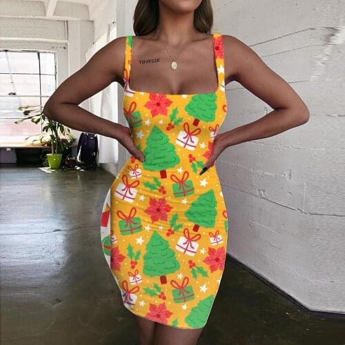 KYKU Christmas Dress Women New Year Bodycon Dress Christmas Tree Sundress Novel Halter Sleeveless Womens Clothing Mini Evening