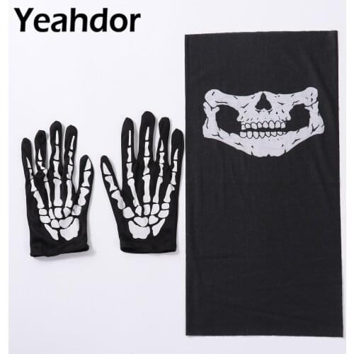 2 Sets Halloween Skeleton Gloves Magic Bandana Skull Head Neck Bandanas Set Halloween Horror Cosplay Costume Cycling Scarf Glove