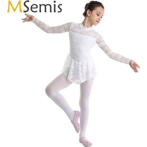 Girls Ballet Dress Kids gymnastics Leotard Dress Long Sleeves Lace Figure Ice Skating Dress Roller Skating Ballet Dance costume