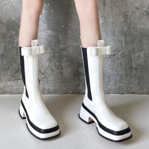 Patent Leather Mid Calf Boots Women Square Toe Chunky High Heels Chelsea Boots Woman Autumn Winter Slip on Platform Botas