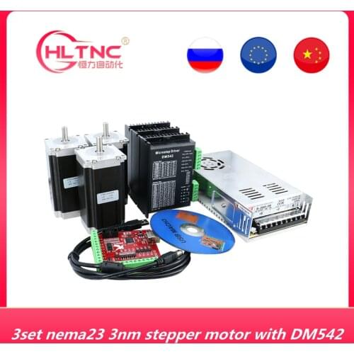 Free shipping 3pcs DM542 Stepper motor driver+ 3PC NEMA23 3Nm dc motor + 350W power supply+Mach3 controller board for CNC