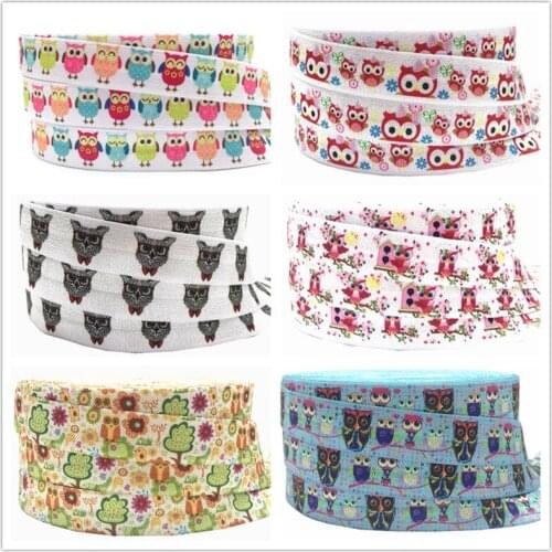 Cartoon Owl sun flower Print Fold Over Elastic 10yards/lot FOE Ribbon Webbing for Headband DIY Headwear Hair Accessories 16MM