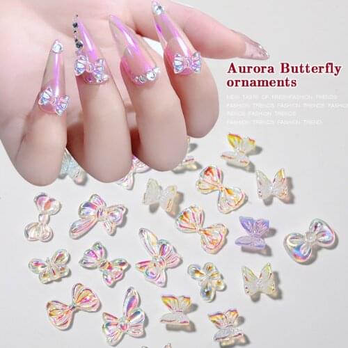 HNUIX 8pcs 3D Resin Holographic Butterfly Glitter AB Bow Nail Art Decorations Charm DIY Varnish Manicure Nails Art Accessories