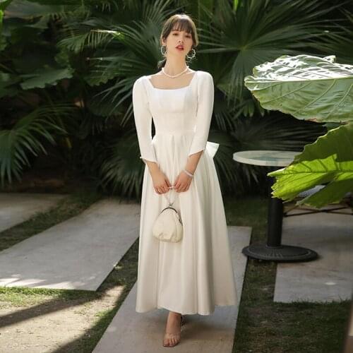 KAUNISSINA Square Collar Vintage Wedding Gowns Women Three Quarter Sleeve A-Line Satin Wedding Dress Long Simple Bridal Vestidos