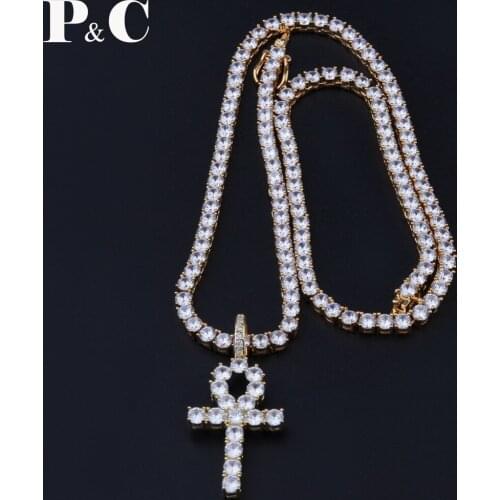 Men Women copper Hip Hop Iced Out Ankh Cross Pendant Tennis Chain CZ Egyptian Key Of Life Pendant&Necklace Jewelry Gift