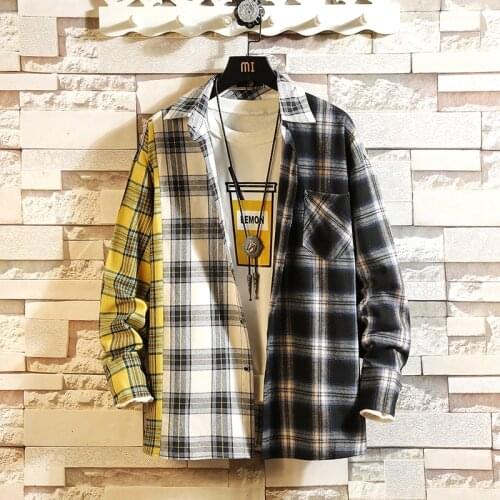 2020 new personality patchwork red plaid shirt mens street casual hip hop long-sleeved shirt mens loose shirt large size M-5XL